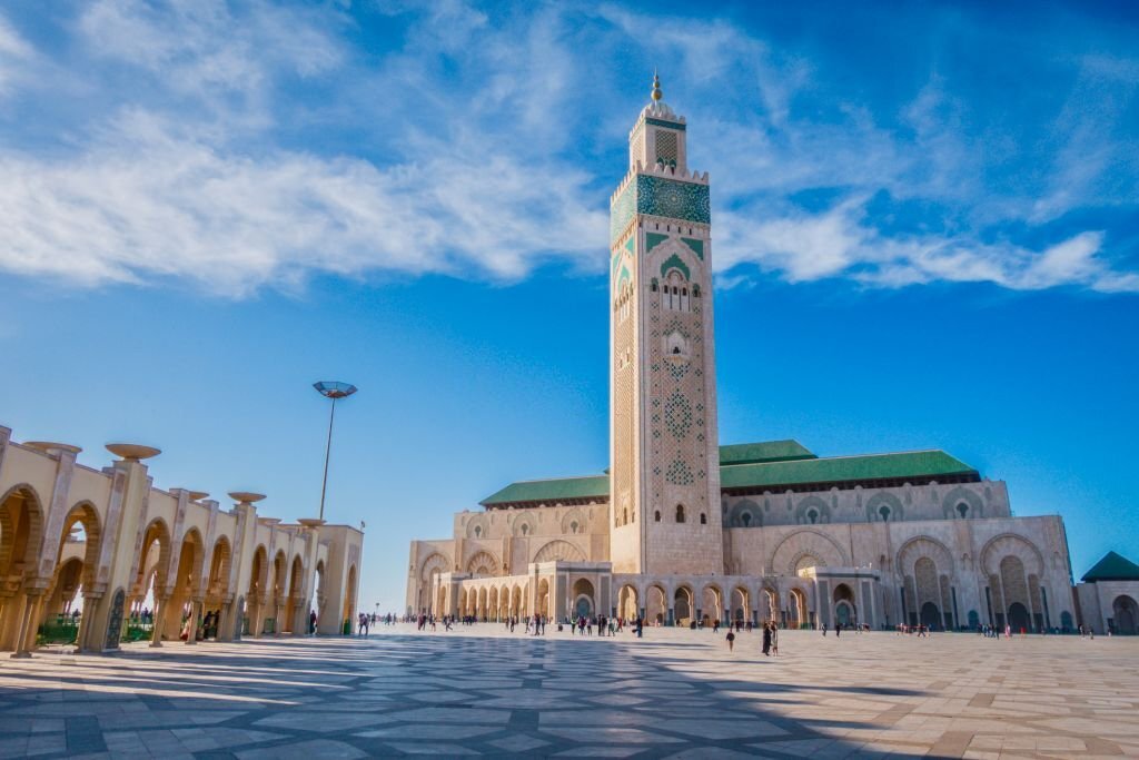 This is the largest mosque in Morocco, the 13th largest in the world, with the tallest minaret in the world at 210 m high, completed in 1993 and located on the Atlantic coast, near the ancient medina and port