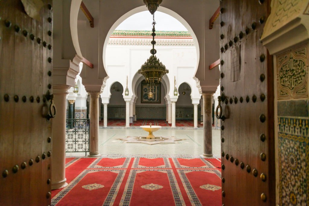 Interior of Al Quaraouiyine (or al-Qarawiyyin) Mosque and university in Fes, Morocco. Africa