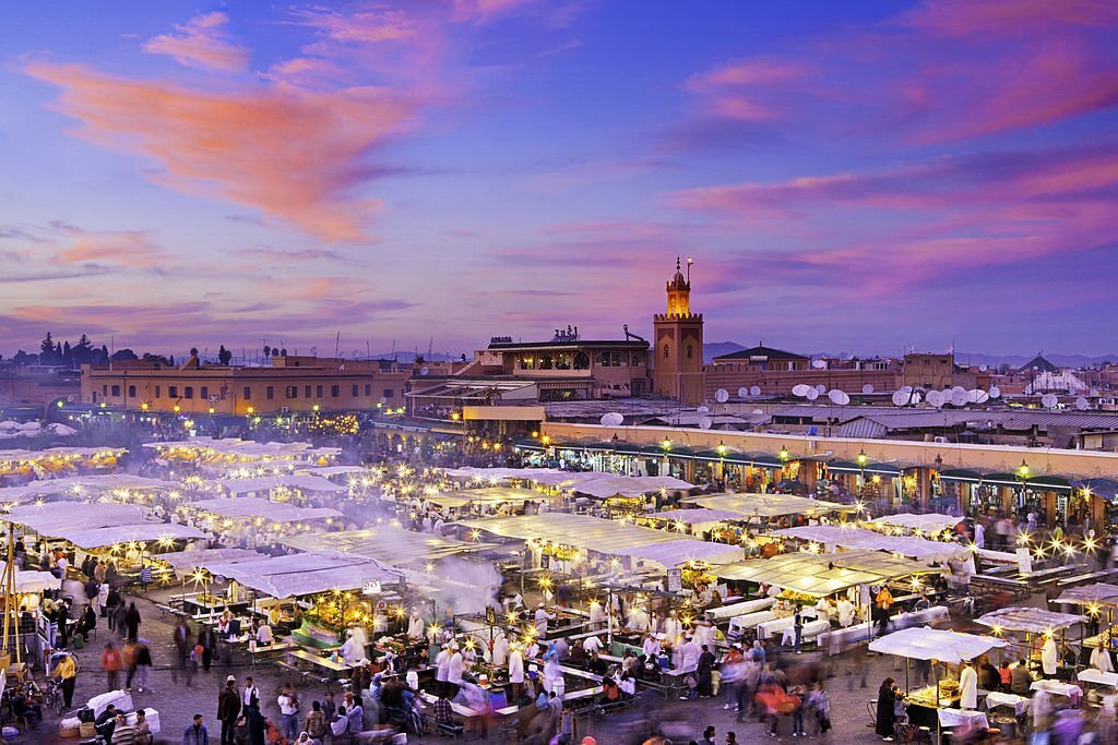 Morocco, Marrakesh, Djemaa el-Fna Square.Djemaa el Fna is a square and market place in Marrakesh's medina quarter (old city)