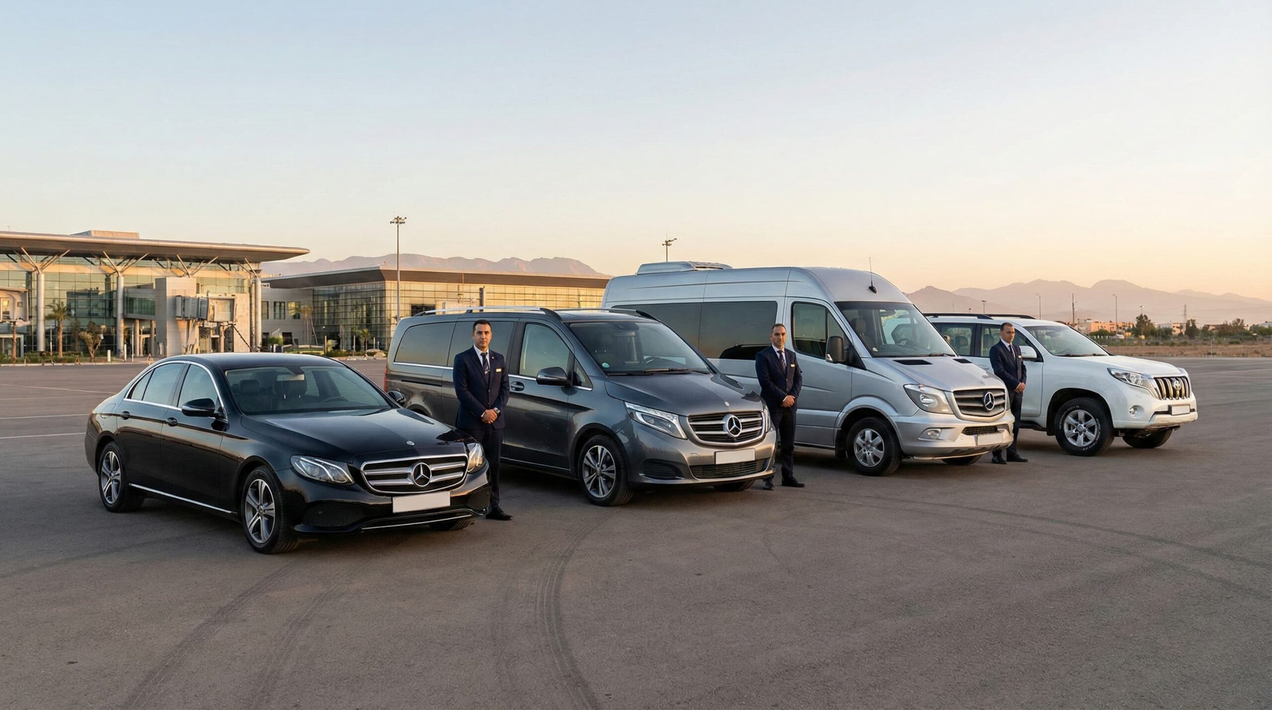 Professional tourist transport fleet in Morocco including Sprinter, Vito, 4x4 and sedan vehicles with chauffeurs